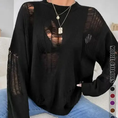 Women's Basic Minimalist Solid Color Ripped Drop Shoulder Sweater, Lady Soft Casual Comfort Lightweight Long Sleeve Round Neck Jumper for Fall, Women's Knitwear for Daily Wear, Womenswear Knitting Tops, Casual Fashion Knitwear