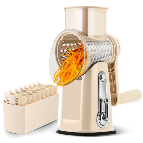 SUSTEAS Rotary Cheese Grater with Handle - Comes with 5 Blades, Strong Suction Cup Base, Comes with Blade Storage Box Cutlery Kitchen Utensils Food Shredder Tool Vegetable Slicer Potato Cutter Beige,sohochic