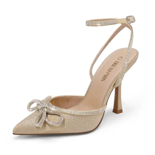 DREAM PAIRS Women's Destiny Rhinestone-Wrap Strapped Flare High-Heel Pumps - Women's Shoes, Pointed Toe, Formal Elegant Party Graduation Footwear, Gold Metallic Sparkly Summer Luxury Statement Shoes, Latex Cushion Step, Bow Detail,sohochic