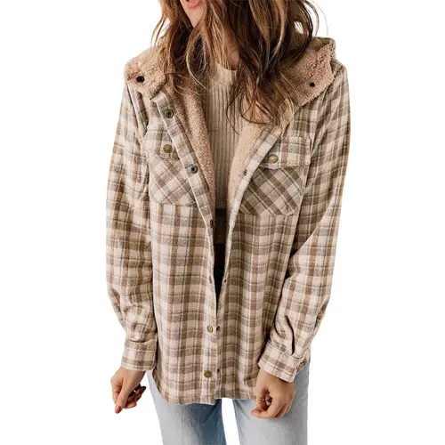 Dokotoo Womens Plaid Shacket Jacket Warm Fleece Hooded Jackets Winter Coats Winter Clothing for Women Casual Long Sleeve Sherpa Lined Fleece Fur Button Down Thick Fluffy Flannel Shirts Pockets