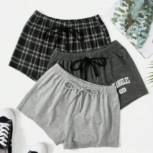 Women's 3pcs Elastic Waist Plaid Sleep Shorts, Casual Comfy Drawstring Waist Sleeping Shorts Loungewear for Daily Indoor Wear, Women's Pajama Bottoms for All Seasons, Summer Outfits 2024 PJ Bottoms