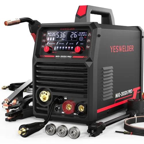 YESWELDER MIG-205DS-PRO Aluminum MIG Welder 205Amp | Synergic Control, 110/220V Dual Volts & Large LED Display | 5-In-1 Gas MIG/Flux Core/Spool Gun/Lift TIG/Stick Multiprocess Welding Machine