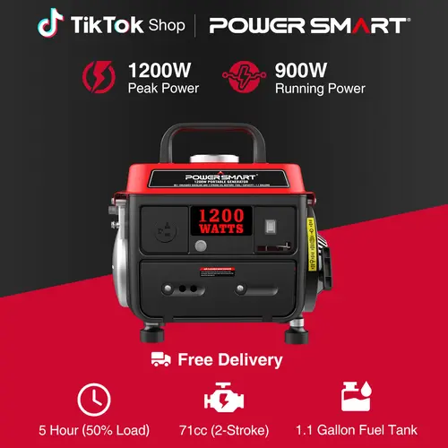 【Summerfinds】PowerSmart PS50 Small Generator - 1200W Max, 37.8lb Ultralight, Super Quiet, EPA Compliant, 12V DC Battery, 900W Steady Run, 5h 50% Load Run, 120V 20A Outlet, 50:1 2-Cycle Mix, Carrying Handle for Home, Camping
