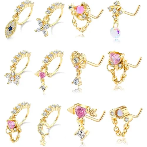 MILAKA Women's 12-Piece Surgical Steel Nose Jewelry Set - 20G L-Shape Studs, Nose Hoop, Flower Butterfly Heart Evil Eye Opal CZ Dangles, 7mm, Hypoallergenic Nickel-Free Safe Body Jewelry,sohochic