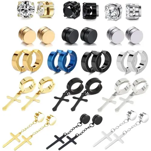 MILAKA 16-Pair 316L Stainless Steel Stud & Dangle Hoop Earring Set, Hypoallergenic Cubic Zirconia Ear Clips for Non-Pierced Ears, Wedding Set Fashion Jewelry for Men & Women,sohochic