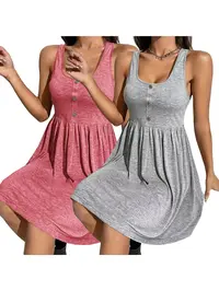 Plus Size Fake Buttons Scoop Neck Tank Dress, Summer Clothes Women Casual Plain Stretchy Sleeveless A Line Dress for Summer, Summer Outfits 2024, Women's Clothes for Daily Wear, Feminine, Aesthetic