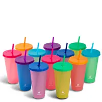 24-Piece 24oz Reusable Thermochromic Rainbow Cup Set - Color-Change Effect, Color-Coded, Portable, Durable ABS Plastic Water Bottles, Washable & Reuse, Easy to Personalize, Refillable Straws, Lids for Cold Beverage Lovers