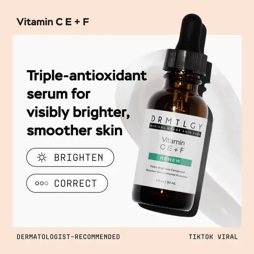 DRMTLGY Vitamin C E + F, 1 fl oz. Visibly Brightens Dark Spots & Discolorations with 15% L-Ascorbic Acid, Vitamin E, & Ferulic Acid.