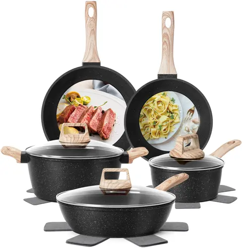 Soday 17/13/12 Pcs Non Stick Cooking Set with Frying Pans, Saucepans, Steamer, White Granite, No PFOS, PFOA, Includes Glass Lid - Kitchenware，sohochic