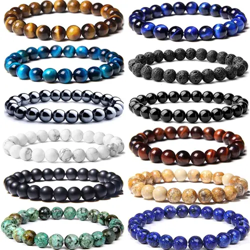 Unisex 12-Piece Crystal Healing Bracelets & Bangles, 8mm Natural Stones Set with Tiger's Eye Crystal & Lava Rock, Trendy Exquisite Accessory for Women, Bracelets For Women,sohochic