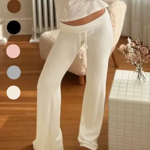 Women's Solid Drawstring Foldover Waist Straight Leg Pants, Pants for Women, Fashion Casual Drop Waist Trousers For Daily Outdoor Wear, Women's Bottoms