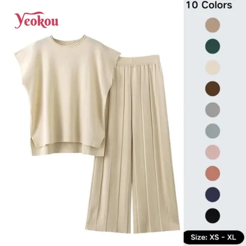 Yeokou Women's 2-Piece Minimalist Solid Knit Loungewear Set - Crew Neck Short-Sleeve Top, High-Waist Wide-Leg Pants, Nylon, Above the Knee, Cool Iron, Casual Lady's Clothing