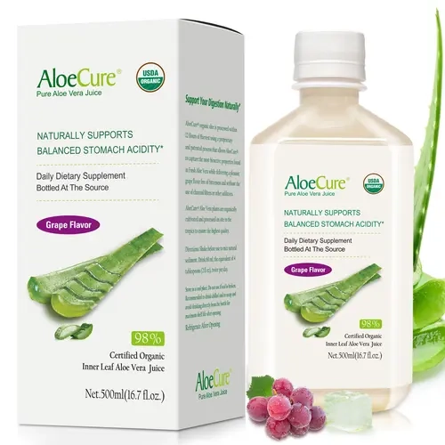 AloeCure USDA Organic Aloe Vera Juice Grape Flavor, Made Within 12 Hours of Harvest - Pure Aloe Juice For Natural Digestive & Immune Support, Naturally Supports Balanced Stomach Acidity, 500ml Bottles