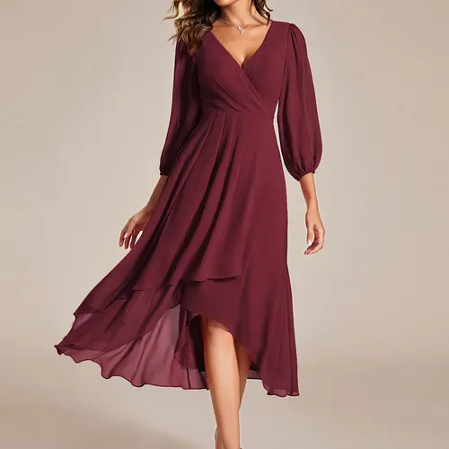 Ever-Pretty Spring dress,Fall Long Sleeves Elegant & Flattering Chiffon Midi Dress with Deep V-Neck, Puff Sleeves and Asymmetrical Hem – Size Inclusive for Special Occasions ,Wedding Guest Dress ,Fall wedding dress,Holiday dress 01926