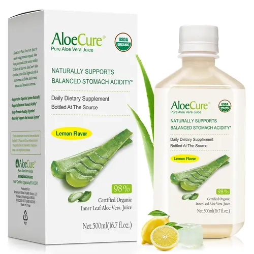 AloeCure USDA Organic Pure Inner Leaf Beverage - Refreshing Lemon Flavor, 12-hr Fresh Harvest, Natural Digestive Ease, Gluten-Free, Dairy-Free Nutritional Supplement for Acid Relief, 1x500ml