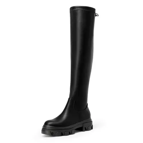 Dream Pairs Women's Ikon Over-the-Knee Boots - Stretch PU Leather Thigh-Highs, Side Zipper, Chunky Lug Slip-Resistant Sole, Snug Drawstring Fit, Comfortable Heels, Round Toe, Black PU Footwear, Bold Style Elevates Fall Outfits, Elevates Fall Outfits With,