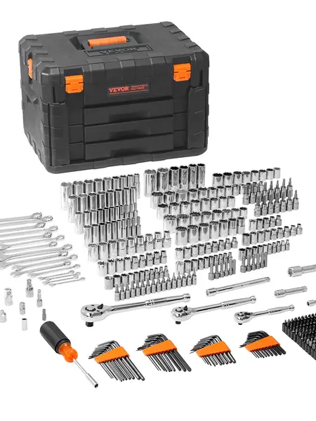 VEVOR Automotive Precision Mechanical Tool Kit, 145/205/450-Pc CR-V Chrome Hand Tools for Auto Repair, 1/4"-3/8"-1/2" SAE & Metric Anti-Slip Groove Sockets, Handles Tight Nut Loosening, Metal Surfaces Use, Storage Case,toolupgrade
