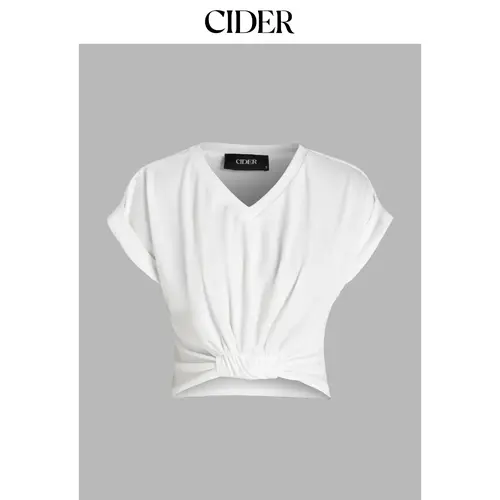 Cider [3 colors, size 2-26] V-neck Solid Ruched Crop Top