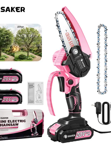 Saker Pink 6-Inch Cordless Handheld Electric Chainsaw - Battery Powered Mini Chainsaw with Security Lock for Tree Branch Trimming, Garden Pruning, Battery Powered Chainsaw, Cordless Handheld Chainsaw