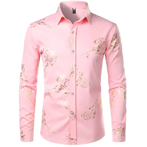 ZEROYAA Mens Hipster Gold Rose Printed Slim Fit Long Sleeve Dress Shirts Prom Performing Shirts summer outfits men sublime shirt funny shirts Korean Casual,sohochic