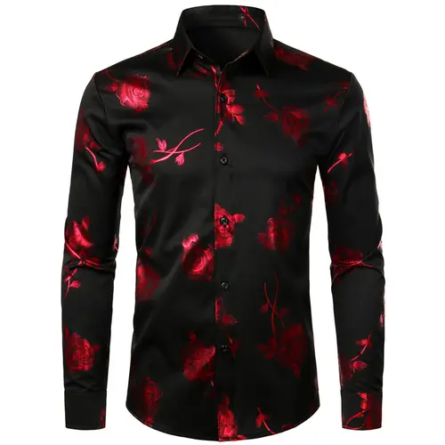 ZEROYAA Men's 3D Metallic Rose Floral Printed Slim Fit Longsleeve Button-Down Dress Shirt - Casual Fitted Shirt, Mensfashion, Street Style, 4th July Top, Black, Pink,sohochic
