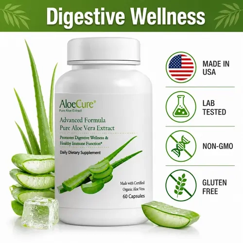 AloeCure Organic Aloe Vera Dietary Supplement Capsules, 60 Count - 160kmg Aloe Eq per Capsule, Acemannan Rich, Natural Gut Health & Flora Support, Stomach Acid Buffer, Aloin Free