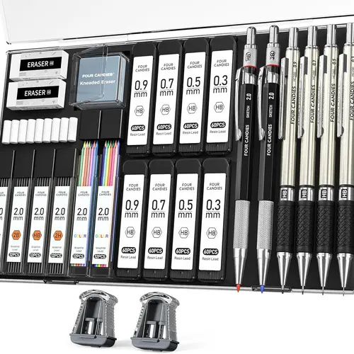 【back to school supplies】Four Candies 25PCS Art Mechanical Pencil Set with Case, 3PCS Metal Artist Lead Drafting Pencils 0.5, 0.7, 0.9 mm & 3PCS 2mm Holder (HB 2H 2B 4B Color) with 432PCS Graphite Lead Refills for Drawing Sketching Office School Supplies