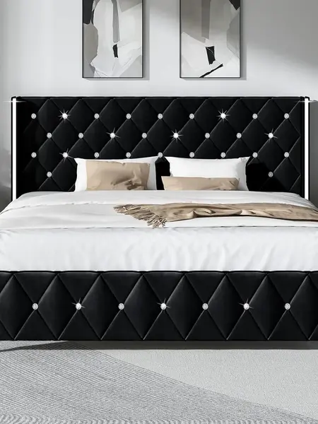 HOMBCK Bed Frame, No Mattress, Upholstered Platform Bed Frame with Wingback Diamond Tufted Headboard, Upholstered Bed Frame, Contemporary Bed#SohoChic#Homemakeover