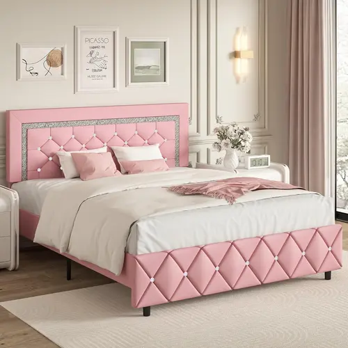 HOMBCK Diamond Bed Frame, No Mattress, Comfortable and Adjustable Headboard, Modern style, Princess Bed, No Box Spring Required#SohoChic#Homemakeover