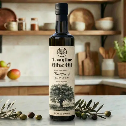 Artisanal Levantine Traditional Extra Virgin Cold-Pressed Stone-Pressed Bottled Olive Oil - 16.9 fl oz High Quality Glass Bottle, Antioxidant Rich, Unfiltered, Natural, Vegan, Rich Flavor, 3 Years Shelf Life, Fair Trade Certified Organic Cooking Staple