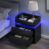HOMBCK Smart Black Wood Nightstand with LED Lights & Charging Station, Modern Storage Drawers End Side Table, Furniture for Living Room, Room Decor, Indoor Bedside Table