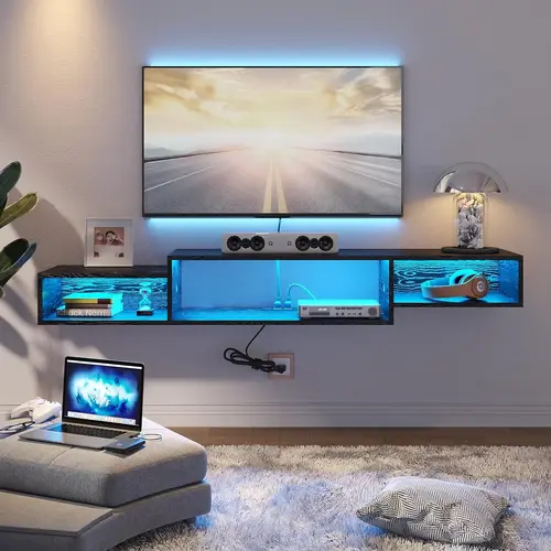 HOMBCK 59" Floating TV Stand with LED Lights & Power Outlet for 60 inch TV, Wall Mounted Media Console Entertainment Center, Shelves, Stable, Sturdy#SohoChic#Homemakeover