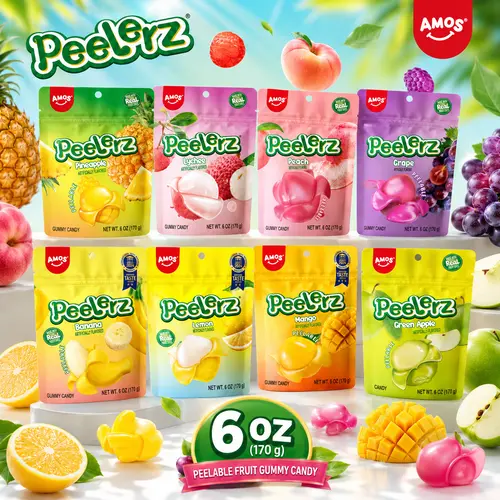 AMOS Peelerz Peelable Mango Lemon Grape Banana Pineapple Gummy Candy,Real Fruit Juice, Fun Peel & Eat Snack for Kids Party Favors & Gifts, 85g/3oz Bag