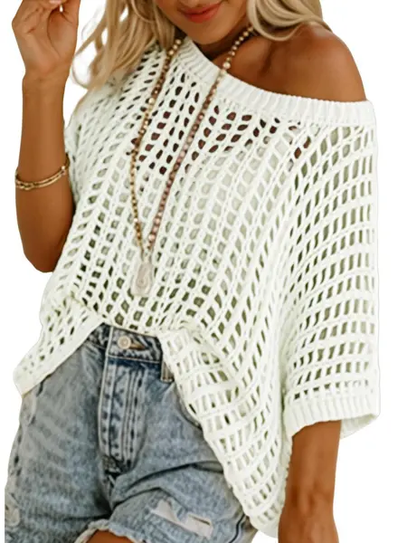 Dokotoo Womens Summer Scoop Neck Short Sleeve Sweater Casual Crochet Hollow Out Knit Tops Pullover Shirts Beach Coverup