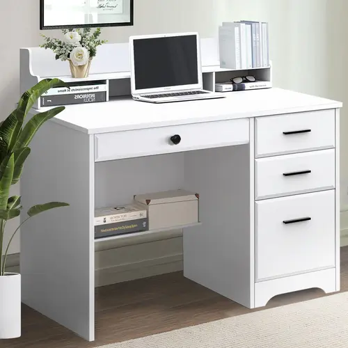 HOMBCK Sturdy Computer Desk with 4-Drawer Storage, White Compact 20.5"x44" Home Study Table with Monitor Stand, Fit for Office & Student Writing, Office Computer Table, Wood Grain#SohoChic#Homemakeover