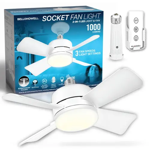 Bell+Howell Screw-In Socket Fan - The Original Remote Controlled Socket Ceiling Fan & Light - 1000 Lumens, 3 Speeds, 2-in-1 LED & Fan, Durable Double-Layer Blades, Wireless Installation