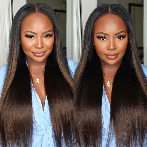 UNICE EasiContour Yaki Straight V Part Glueless Wig, Ombre Chestnut Brown Human Hair, Pre-Styled Easy Install for Female Beginners, Heat Resistant, Options for Leave Out,sohochic
