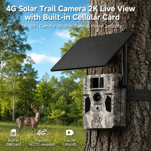 4G LTE Solar Powered Hunting Trail Camera - 2K Video, 0.1s Fast Trigger, Low-Glow Infrared Night Vision, IP66 Waterproof, Wireless APP Remote Control, Built-In Cellular Card, No Wi-Fi (Requires 4G Unlimited Data Plan Activation)