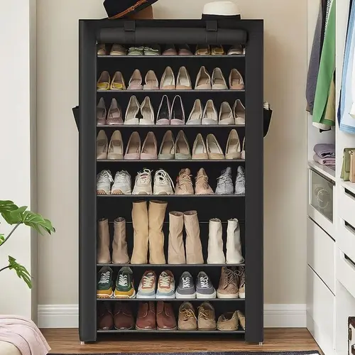 SONGMICS Home Shoe Rack Organizer - 7/9-Tier Vertical Rectangular Metal Tube Storage Shelf with Nonwoven Fabric Cover, Multi-Shoe Organizer Hallway Furniture for 40-50 Pairs of Footwear (Sneakers, High Heels, Flats, Boots)