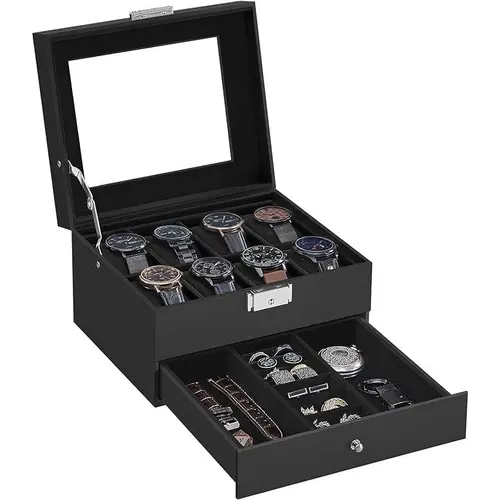 SONGMICS HOME 2-Layer Watch Jewelry Box - Lockable Watchbox with Glass Lid, Drawer for Rings, Bracelets, Home Organizer Gift Idea