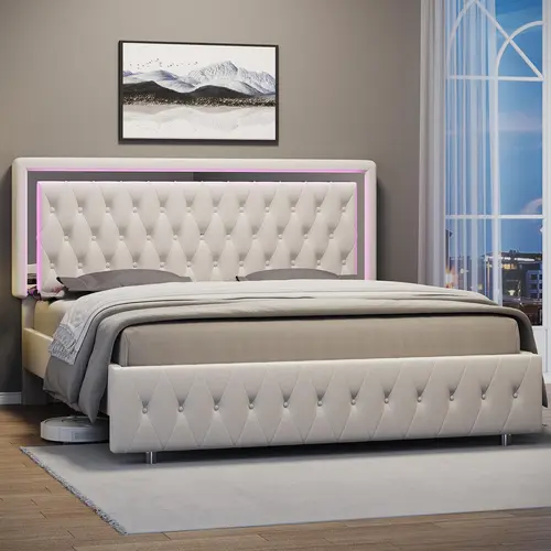 AMERLIFE Smart LED Modern Platform Bed Frame - King Size, Adjustable Height Headboard with Velvet Button Tufting & Acrylic Mirror Accents, No Box Spring Needed, Ideal Christmas Gift for #SohoChic