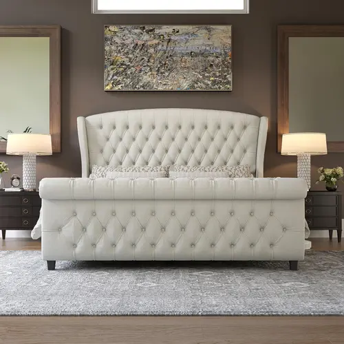 AMERLIFE Platform Bed Frame - Velvet Upholstered Sleigh Bed with Scroll Wingback Velvet Headboard, Button Tufted Footboard, Handsewn Chenille, 40min Assembly, 10-15" Mattress Fit, No Box Spring Required, Christmas Gift Idea, Platform Bedframe #SohoChic