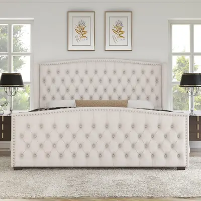 AMERLIFE Classic Velvet-Grey Upholstered Platform Bed Frame with Deep Button Tufted, Nailhead Trim Wingback Headboard - Durable Divan Bed, No Box Spring Needed, Ideal for Bedroom Decor & Christmas Gift #SohoChic