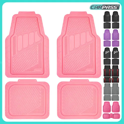 CAR PASS 4pcs Heavy Duty Rubber Floor Mats Pink 4-Piece Car Mat Set Universal Waterproof for SUV Truck Durable All-Weather Mats for Car Women Girly