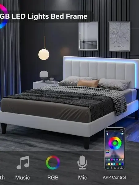 HOMBCK Led Bed Frame, No Mattress, Soft Modern Bed Frame with Luxury Leather Headboard, APP Adiust the Light, No Box Spring Needed,Modern Bedroom Furniture Marshmallow Bed Frame#SohoChic#Homemakeover
