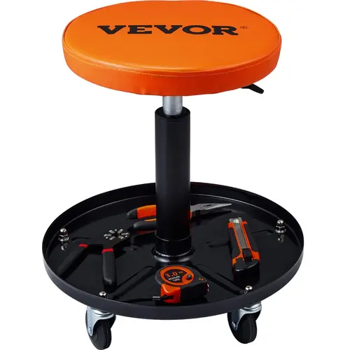 【toolupgrade】VEVOR Wear-Resistant Padded Seat Mechanic Rolling Stool, Height-Adjustable 22in-28in with 5 Pcs Caster Wheels, 250LBS Capacity Compression Mechanism, Iron Tool Tray, Black+Orange for Garage Vehicle Repairing