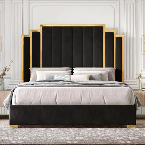 Amerlife King Size Upholstered Platform Bed Frame - Modern Velvet Headboard with Gold Trim, Durable Wooden Slats, No Box Spring Needed, Unique Bedroom Furniture, Apartment Furniture, Christmas Gift Idea #hom #SohoChic