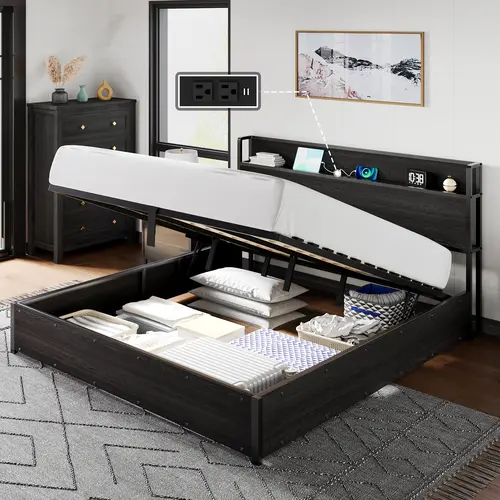 Amerlife Classic Gas-Lift Storage Bed Frame - Wooden Elevated Durable Easy-Setup Design with Built-In USB Port & Outlets, No Spring Box Needed, Noise-Free, SummerVibes Christmas Gift Idea, Frame Beds, Essential, Assembly Required #SohoChic