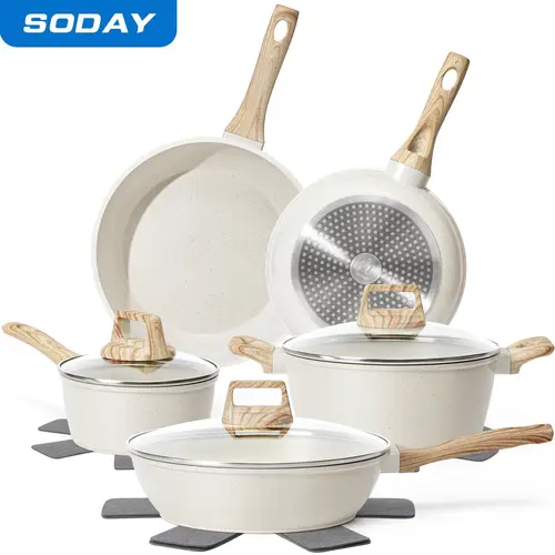 SODAY 12PCS Pots and Pans Set Non Stick Kitchen Cookware Sets Granite Cooking Set with Frying Pans, Saucepans, Steamer Nonstick Pots with Glass Lid Kitchenware Induction Aluminium, Cookware Sets, Kitchenware, stock up on specials,sohochic