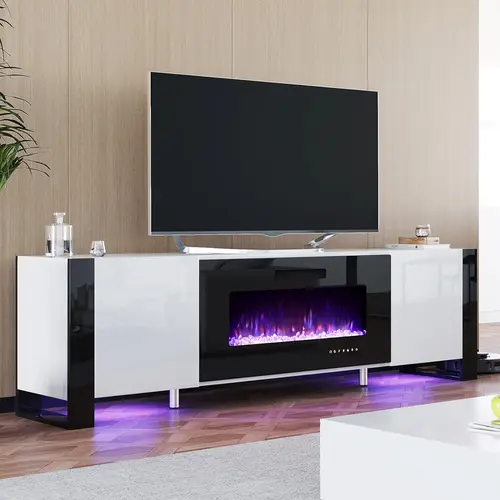 【Ships in 2 Boxes】AMERLIFE Fireplace TV Stand with Fireplace, Modern High Gloss Entertainment Center LED Lights, U-Shaped Legs TV Console Cabinet,Best Gift Ideas/Christmas Gifts, Multifunctional, Man Cave Decor, Home Cinema #SohoChic